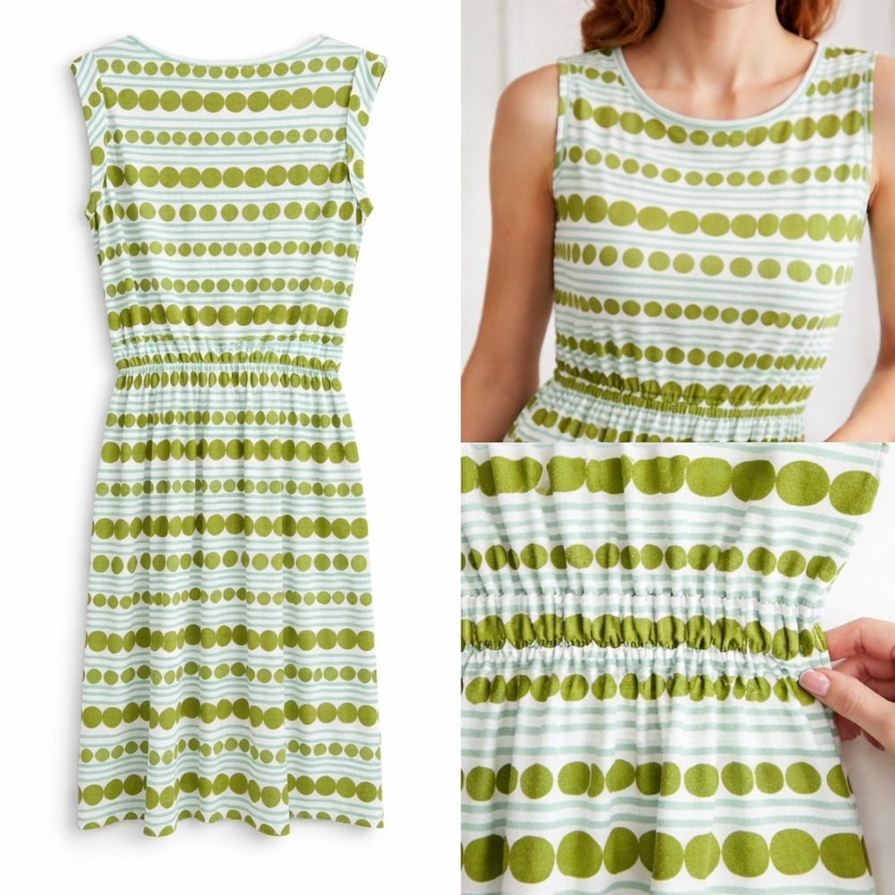 Boden Green Polka Dot Stripe Jersey Dress Cinched Waist Sleeveless US 8L Midi - Picture 7 of 11